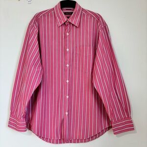 Nautica Men's 80's Two-Ply Cotton Long Sleeve Pink White Striped Button Up Shirt